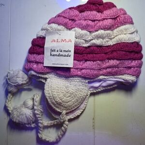 Alma Knitwear Canada Wool/Fleece, Pink Handmade Winter Hat, Ear Flaps